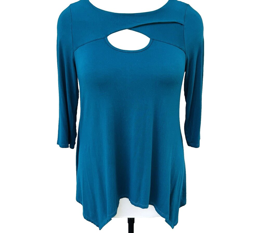Sunny Leigh Tunic Top Blouse Women's XL Teal Blue Sharkbite Hem Keyhole Neck 3/4